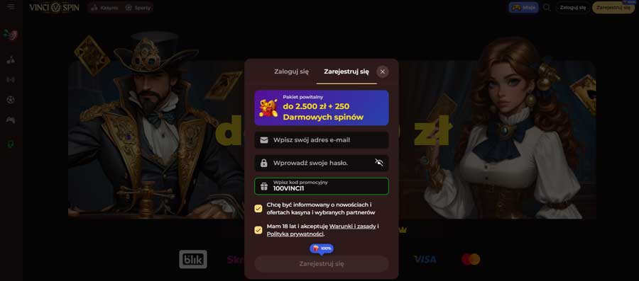 100 Darmowe Spiny za rejestrację - Bonus Bez Depozytu w VinciSpin